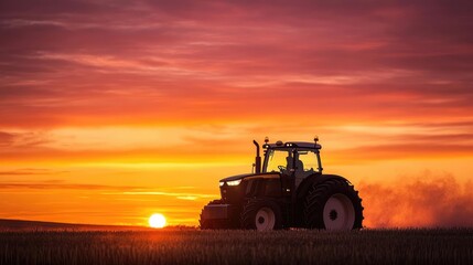 Fototapeta premium Silhouette of a tractor against a fiery sunset, dust cloud illuminated by the sun, powerful and dramatic farming imagery