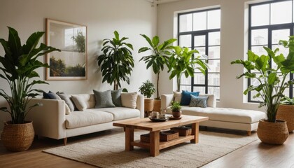 A minimalist living room with an urban jungle feel