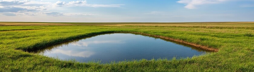 Sky reflecting on irrigation pools in fields, crops growing strong, agricultural balance