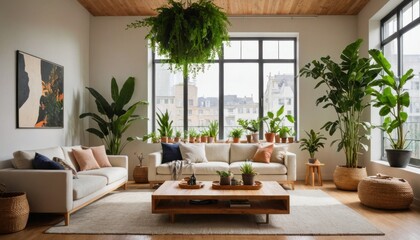 Fototapeta premium A minimalist living room with an urban jungle feel