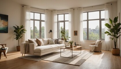 A minimalist living room with a focus on natural light
