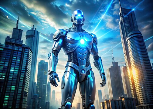 A futuristic robotic figure emerges from a cityscape, its metallic body glowing with bright blue light as it assumes a powerful, towering stance.