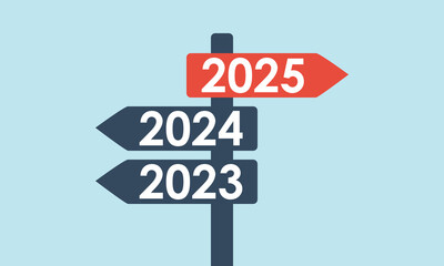 road arrow sign with red 2025 and grey 2023 2024 directions, business strategy or success way concept, move forward vector infographics