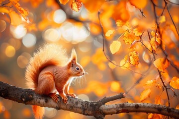 Fototapeta premium cute portrait with beautiful fluffy red squirrel sitting in autumn Park on a tree oak with bright Golden foliage