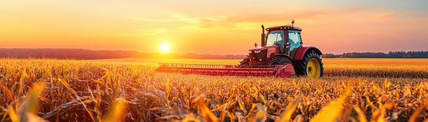 Wide-angle shot of a tractor harvesting corn at dusk, sun setting behind, rich hues of orange and yellow, serene farmland view