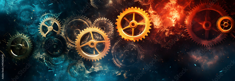 Poster futuristic abstract background with interlocking gears and cogs, symbolizing innovation and the intr