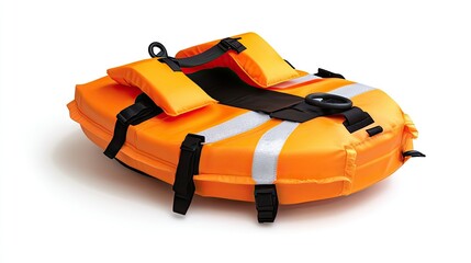 Brightly colored life jacket isolated on a white background, showcasing its importance for safety in aquatic environments.