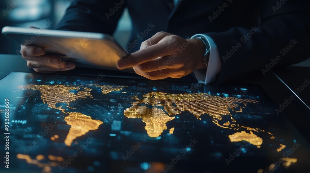 Poster businessman analyzing logistics and transportation data on a tablet. the background features a globa