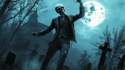 Fototapeta premium A skeleton dressed in a tattered suit, dancing under the light of a full moon, with gravestones and dead trees in the background.