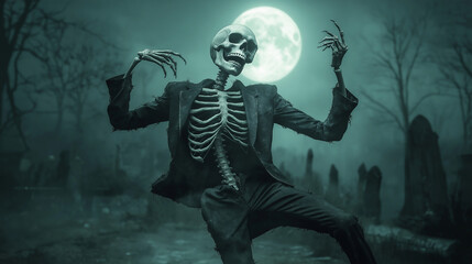 Fototapeta premium A skeleton dressed in a tattered suit, dancing under the light of a full moon, with gravestones and dead trees in the background.