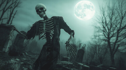 Fototapeta premium A skeleton dressed in a tattered suit, dancing under the light of a full moon, with gravestones and dead trees in the background.