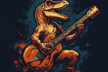Rocking Dinosaur - Detailed Vector Art T-shirt Design with Guitar Playing Dino, Perfect for Printing
