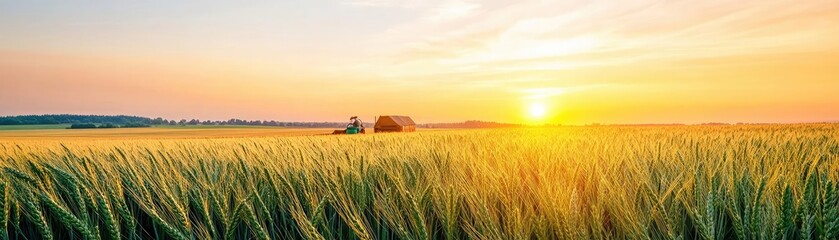 Obraz premium Field bathed in sunrise light, farmer ready for work, serene agricultural morning