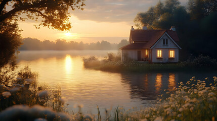 Fototapeta premium A cozy cottage on a quiet lake with the sun setting in the distance.