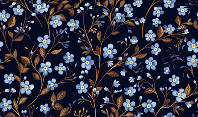 Seamless elegant floral pattern with blue flowers illustration. Generative ai