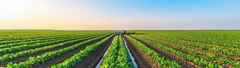 Obraz premium Irrigation system watering vast crops under clear blue sky, agricultural innovation