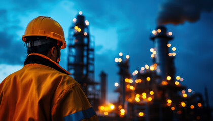 Obraz premium A man in a yellow jacket stands in front of a large industrial plant