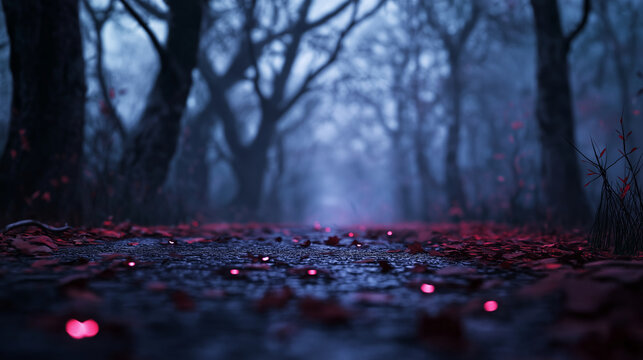 A detailed view of a haunted forest path with gnarled trees, fallen leaves, and glowing eyes peering from the darkness.