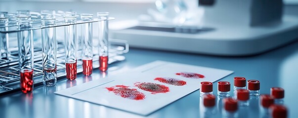 Bloodstained fingerprint card in a forensic lab, ready for analysis, 3D illustration