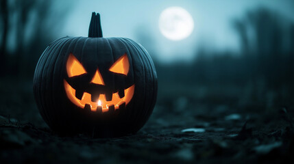 Fototapeta premium A close-up of a carved pumpkin with a scary face, lit from within by a flickering candle, with the full moon in the background.
