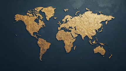 Artistic world map in golden detail on a dark background, perfect for travel, geography, and educational themes.