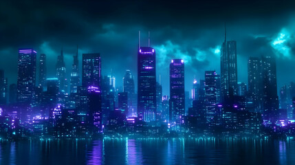 A cyberpunk cityscape with neon lights reflecting in the water.