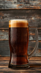A close-up of a frothy beer mug filled with dark liquid, set against a rustic wooden background, emphasizing refreshing drinks and relaxation