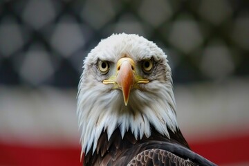 Obraz premium Close up of a Bald Eagle with intense gaze, showcasing its intricate feathers and sharp beak against a blurred background