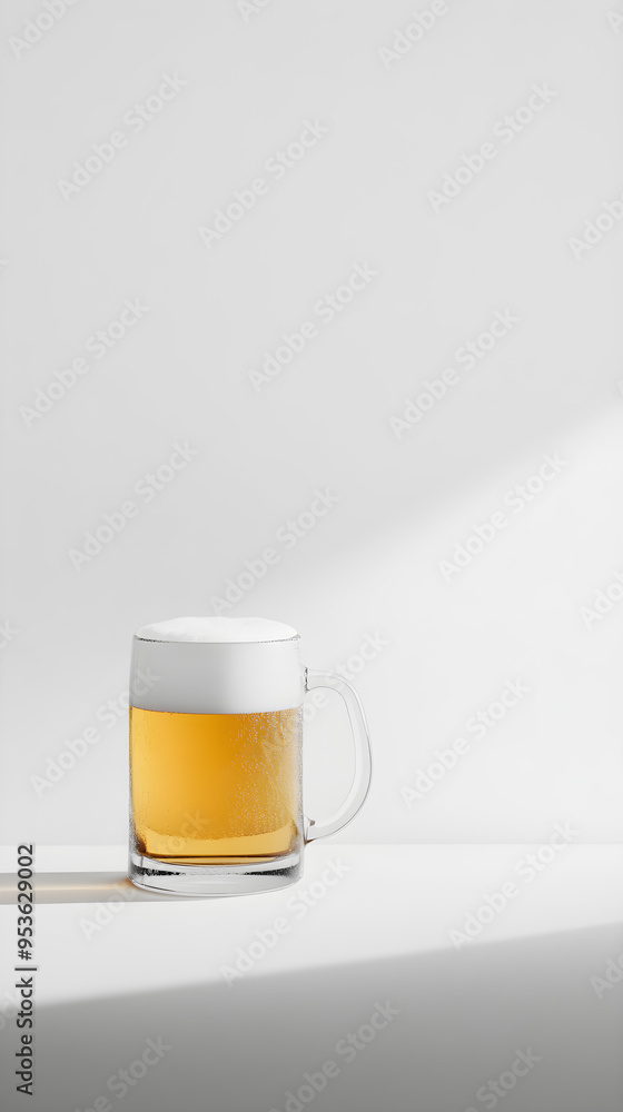 Poster a frosty beer mug filled with golden beer is placed on a minimalist surface illuminated by soft ligh