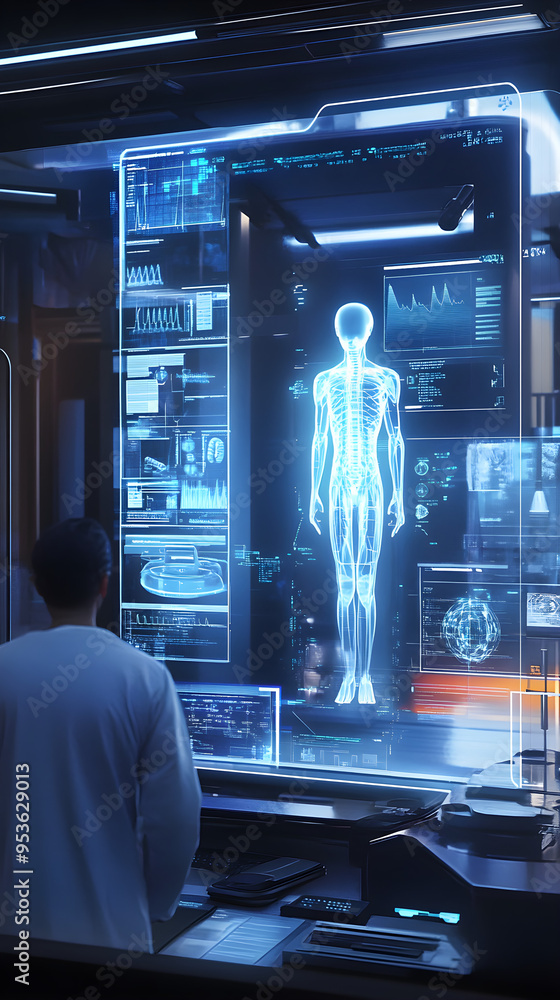 Poster a futuristic medical lab showcases ai-powered diagnostics with a holographic human figure displayed 