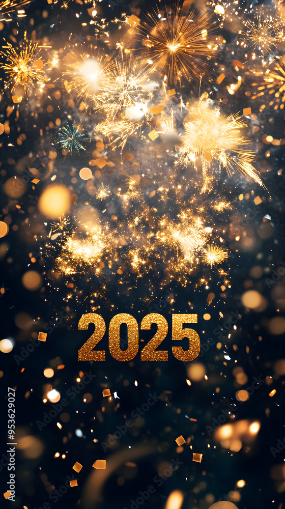Poster a glittering new year's banner features shimmering gold elements and the year 2025 illuminated again