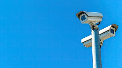 Clear view of two surveillance cameras mounted on a pole, framed by a blue sky, offering effective monitoring and security for a busy urban area.