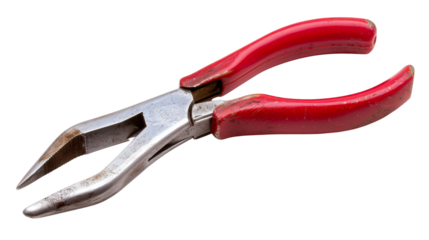 A high-quality image of a pair of pliers with red rubber grips, perfect for tools and DIY projects. isolated on a white background, transparent background.