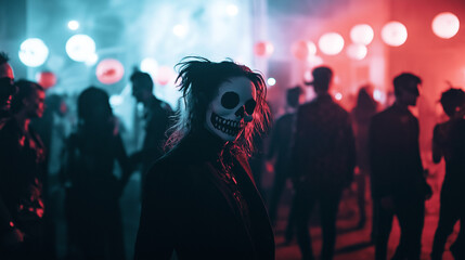 A spooky Halloween party scene with people in costumes, dim lighting, and eerie decorations.