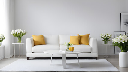 Interior of modern living room with white sofa. 