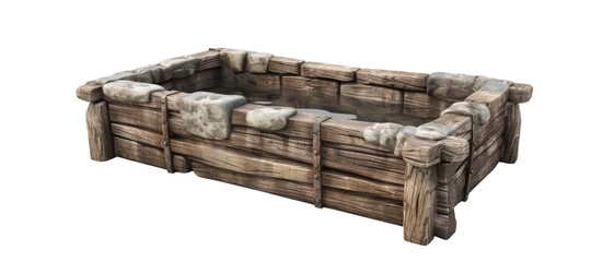 A rustic wooden planter box made from aged timber and stone, perfect for gardening or decoration in outdoor spaces. isolated on a white background, transparent background.