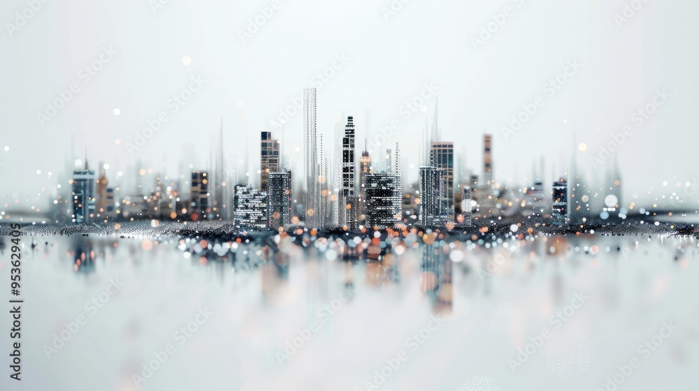 Poster a city skyline made up of data points, connected by ai algorithms, highlighting the impact of data o