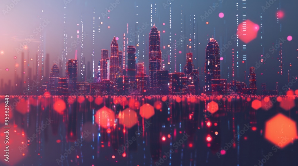 Poster a city skyline made up of data points, connected by ai algorithms, highlighting the impact of data o
