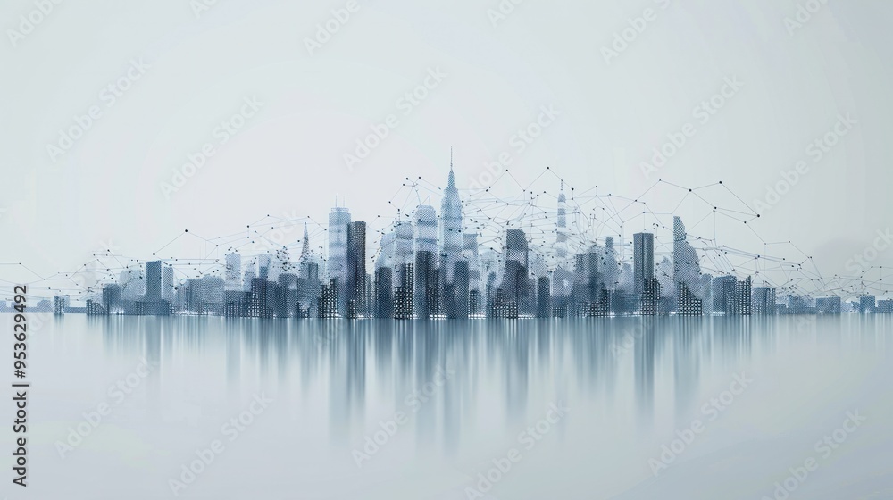 Poster a city skyline made up of data points, connected by ai algorithms, highlighting the impact of data o