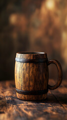 A rustic wooden beer mug stands elegantly on a table, featuring a plain surface and warm tones that evoke a cozy, traditional atmosphere