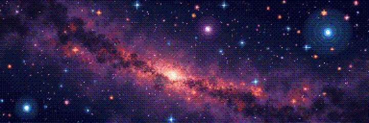 Pixelated amazing huge nebula and glowing stars in universe. Panoramic deep space scene background in vintage pixel art style with dithering effect for 8-bit retro videogame. Vector illustration © 3d_kot