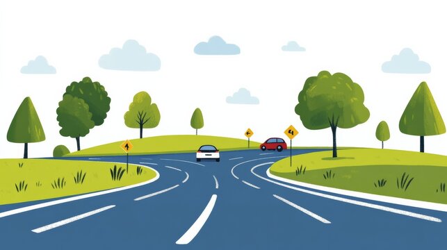 Detailed illustration roundabout clear road signs directional arrows cars navigating safely blue sky green trees background blue white palette