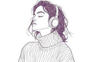 Minimalist Line Art of Person in Sweater and Earmuffs on White Background