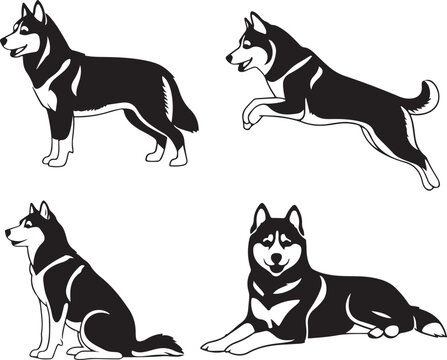 Siberian Husky Dog Cartoon Silhouette Vector Bundle