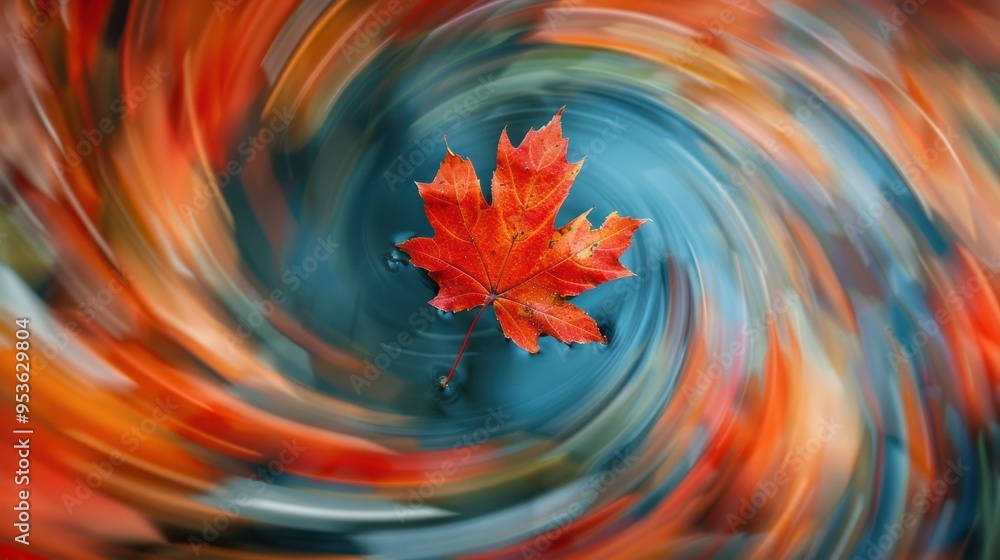 Poster a close-up photo of a maple leaf against a backdrop of swirling autumn leaves, creating a sense of d