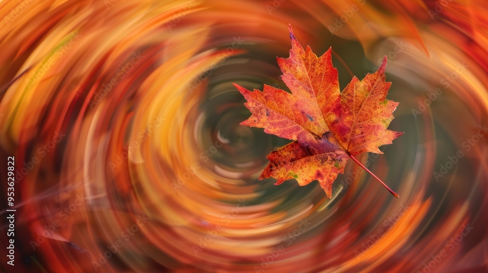 Poster a close-up photo of a maple leaf against a backdrop of swirling autumn leaves, creating a sense of d
