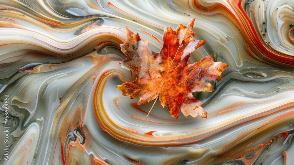 Poster a close-up photo of a maple leaf against a backdrop of swirling autumn leaves, creating a sense of d