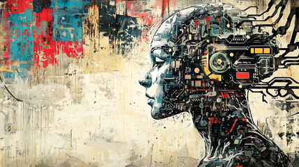 futuristic painting of an AI humanoid head with circuitry and computer parts