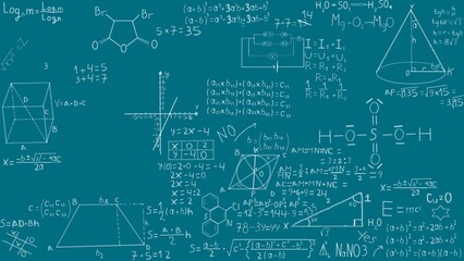 A school board depicts formulas from mathematics, physics, chemistry, biology, geography. studies