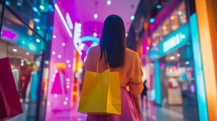A woman explores a vibrant shopping mall adorned with colorful neon lights while carrying a yellow shopping bag